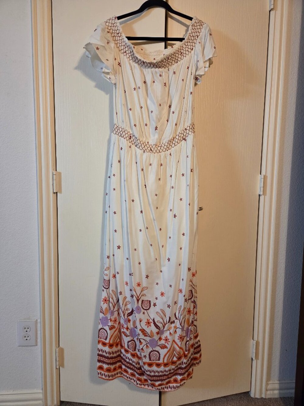 A.N.A. White Boho Floral Border Print Smocked Maxi Dress Flutter Sleeve